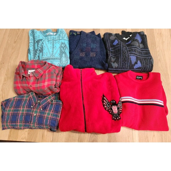 (7) Vtg 80s 90s Wholesale Mens Knit Sweaters Flannels Grandpa Resell Bundle M-XL - Picture 1 of 16